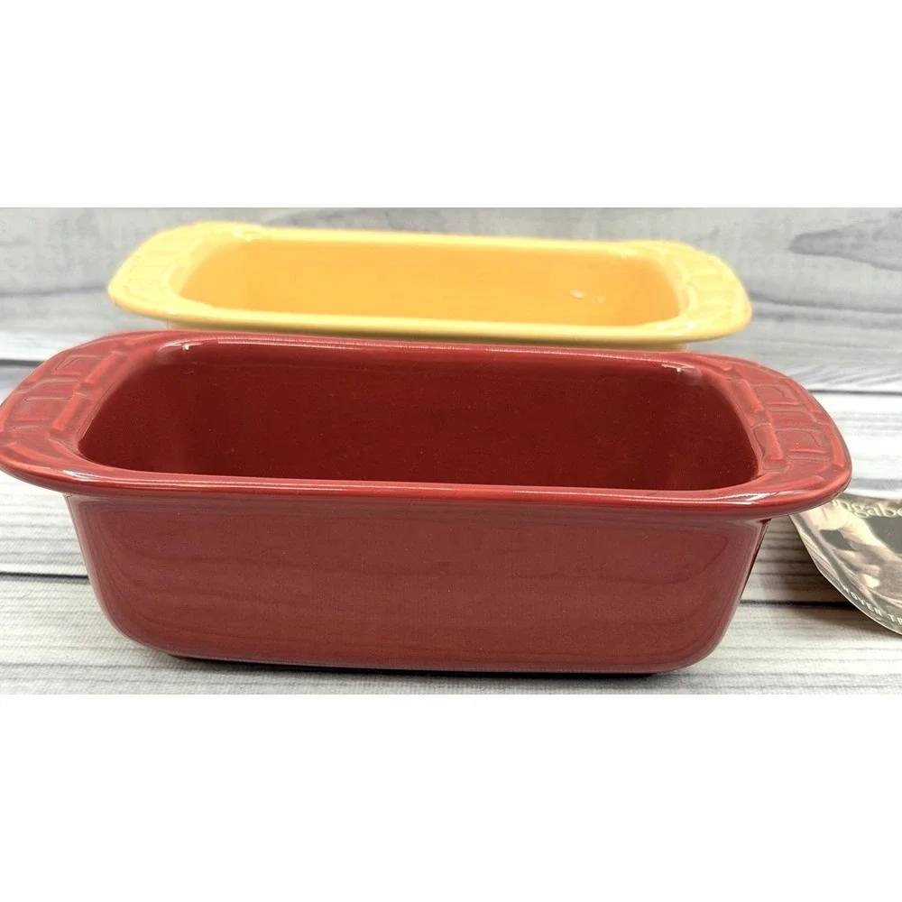 2 LONGABERGER POTTERY WOVEN TRADITIONS MINI LOAF PANS - BUTTERNUT / PAPRIKA